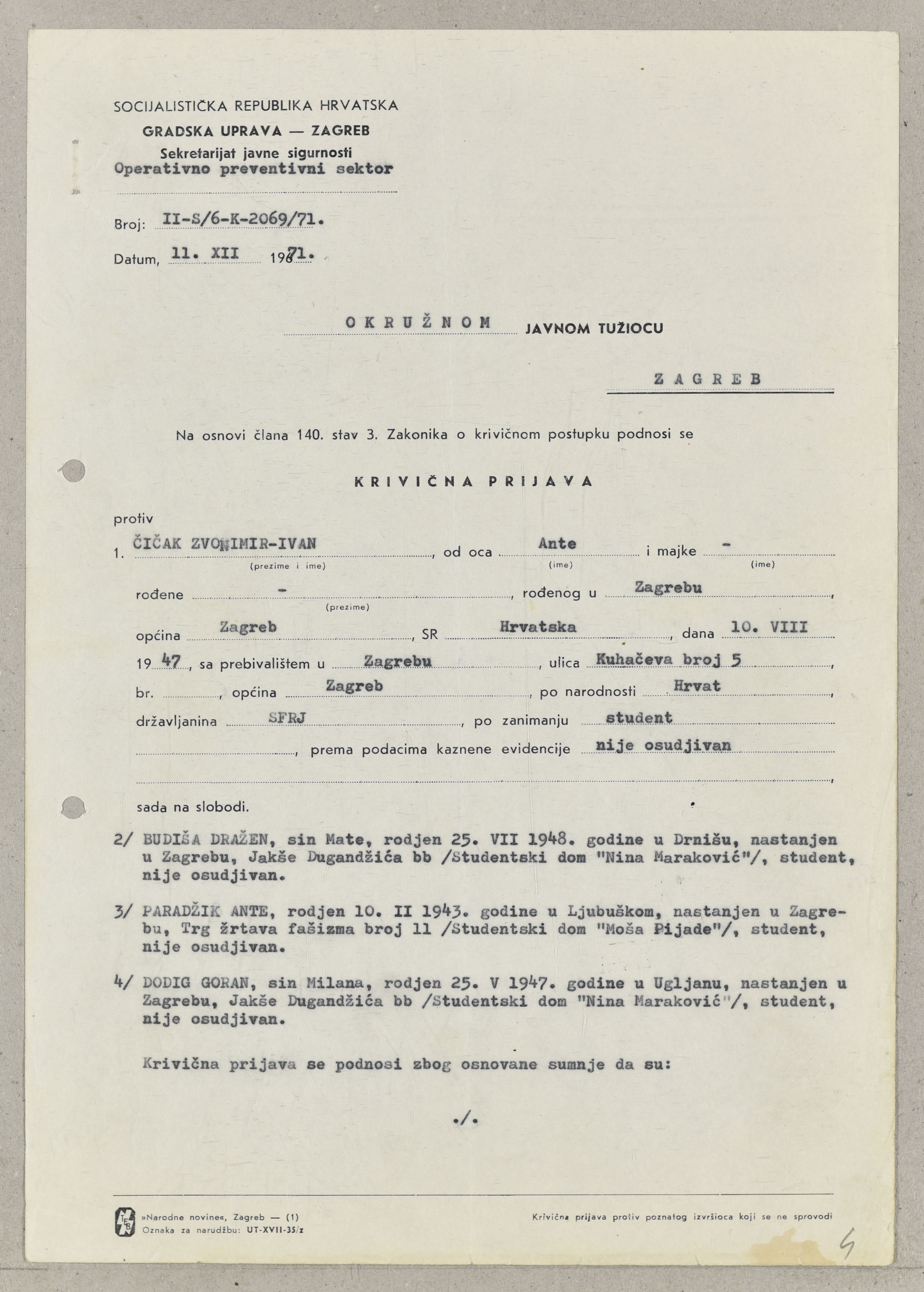 Preslika kaznene prijave protiv vođa studentskoga pokreta. 11. prosinca 1971. Arhivski dokument.
