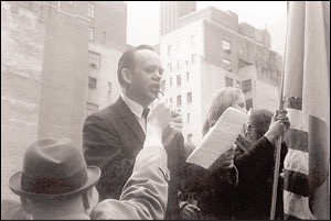 Osyp Zinkevych delivering a public speech in support of Ukrainian political prisoners, New York, 1973.