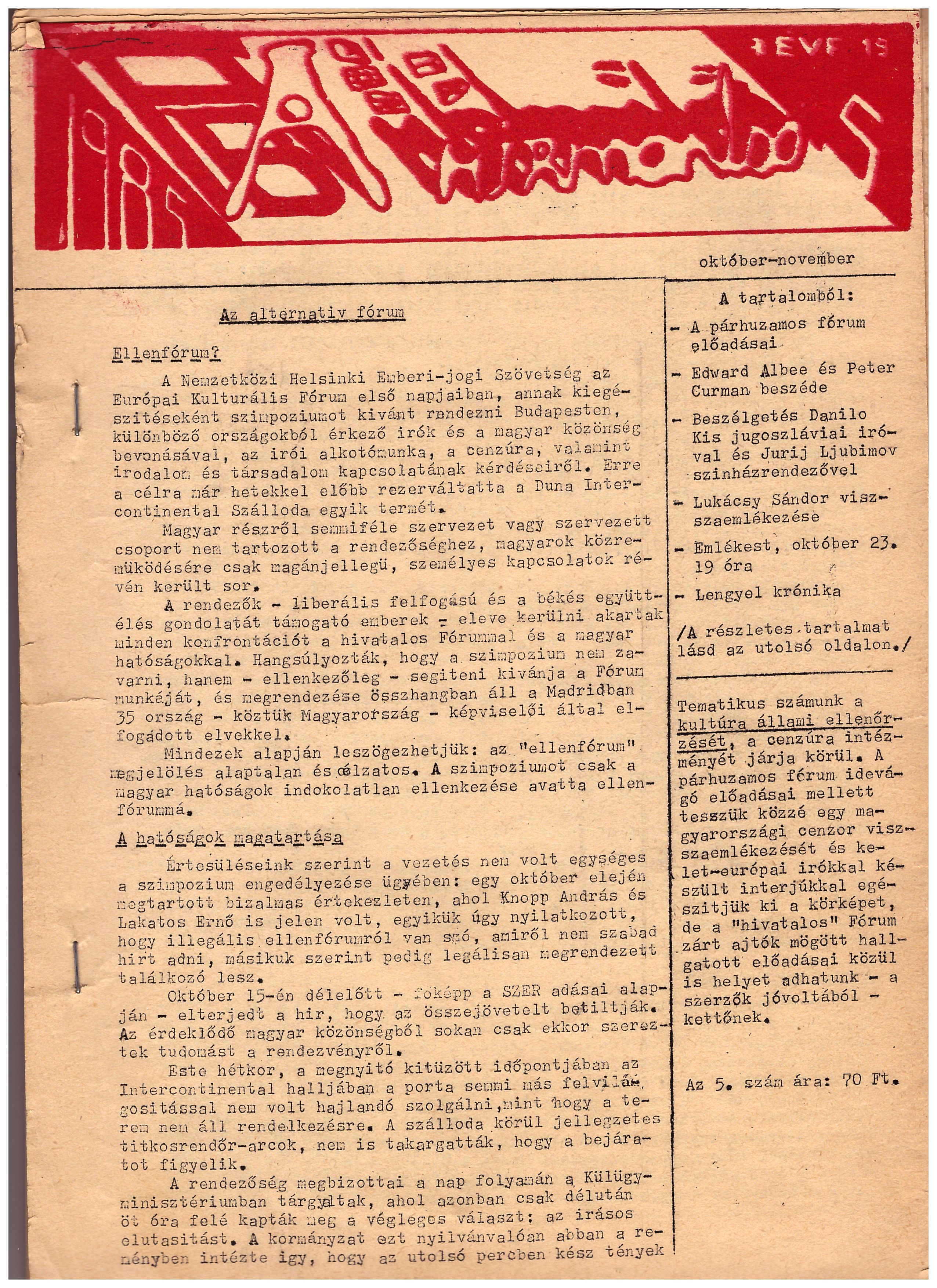 A Hírmondó című magyar szamizdat lap különszáma, (1985. évi 5. szám)