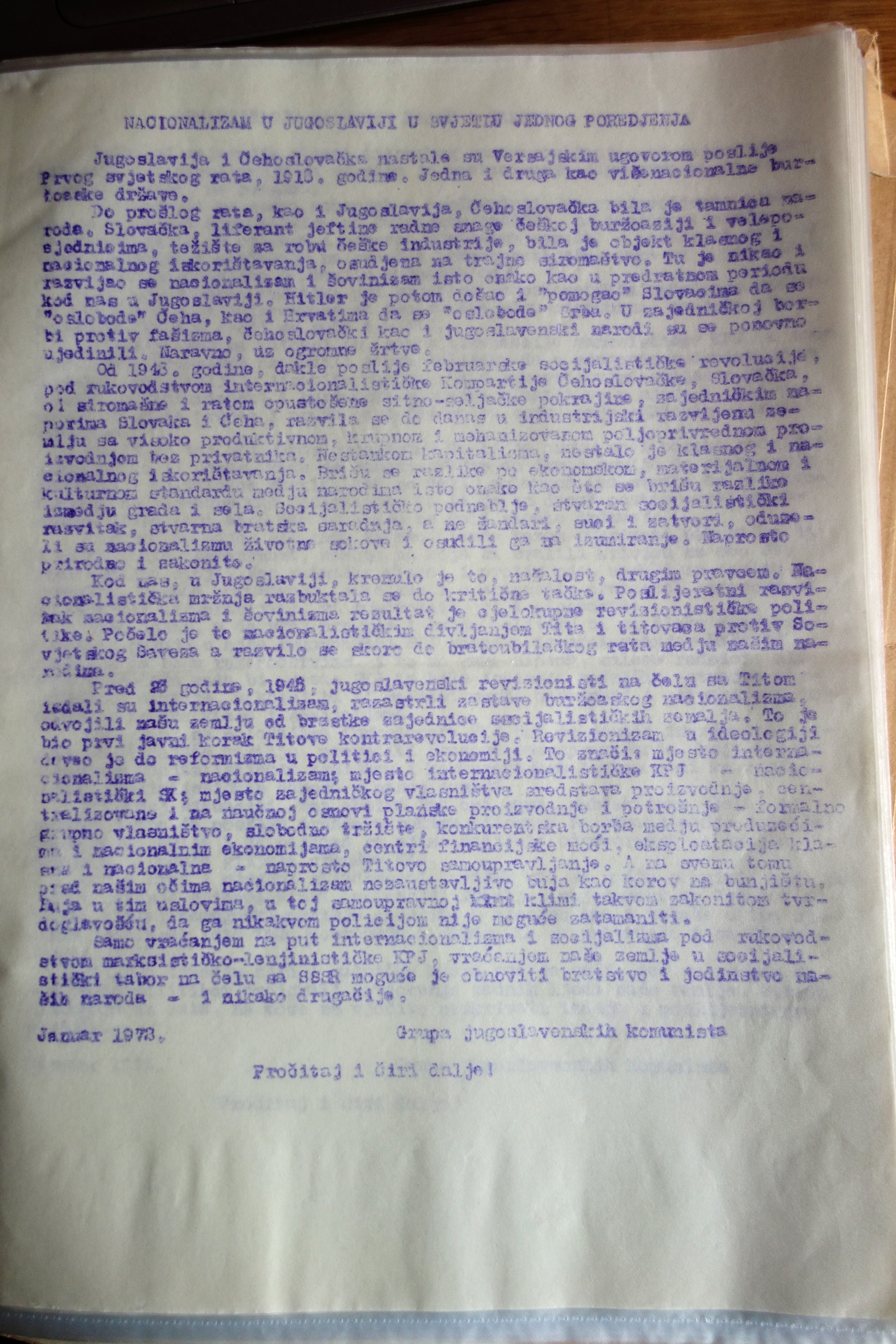 Grupa jugoslovenskih komunista. „Nacionalizam u Jugoslaviji u svjetlu jednog poređenja'. 1973. letak