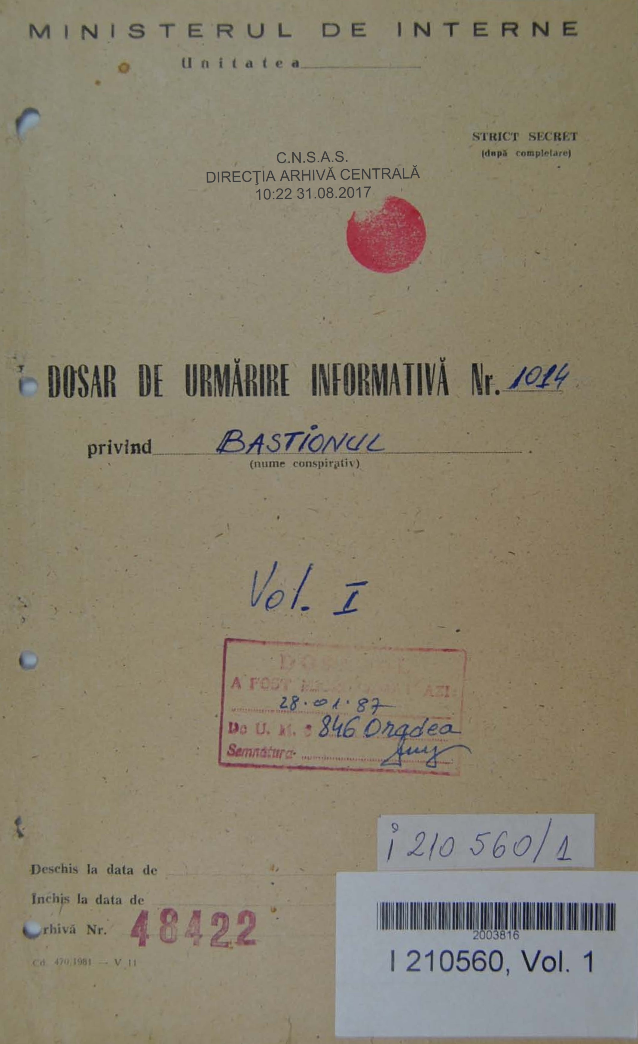 Front cover of the Antal Károly Tóth’s informative surveillance file created by the Securitate