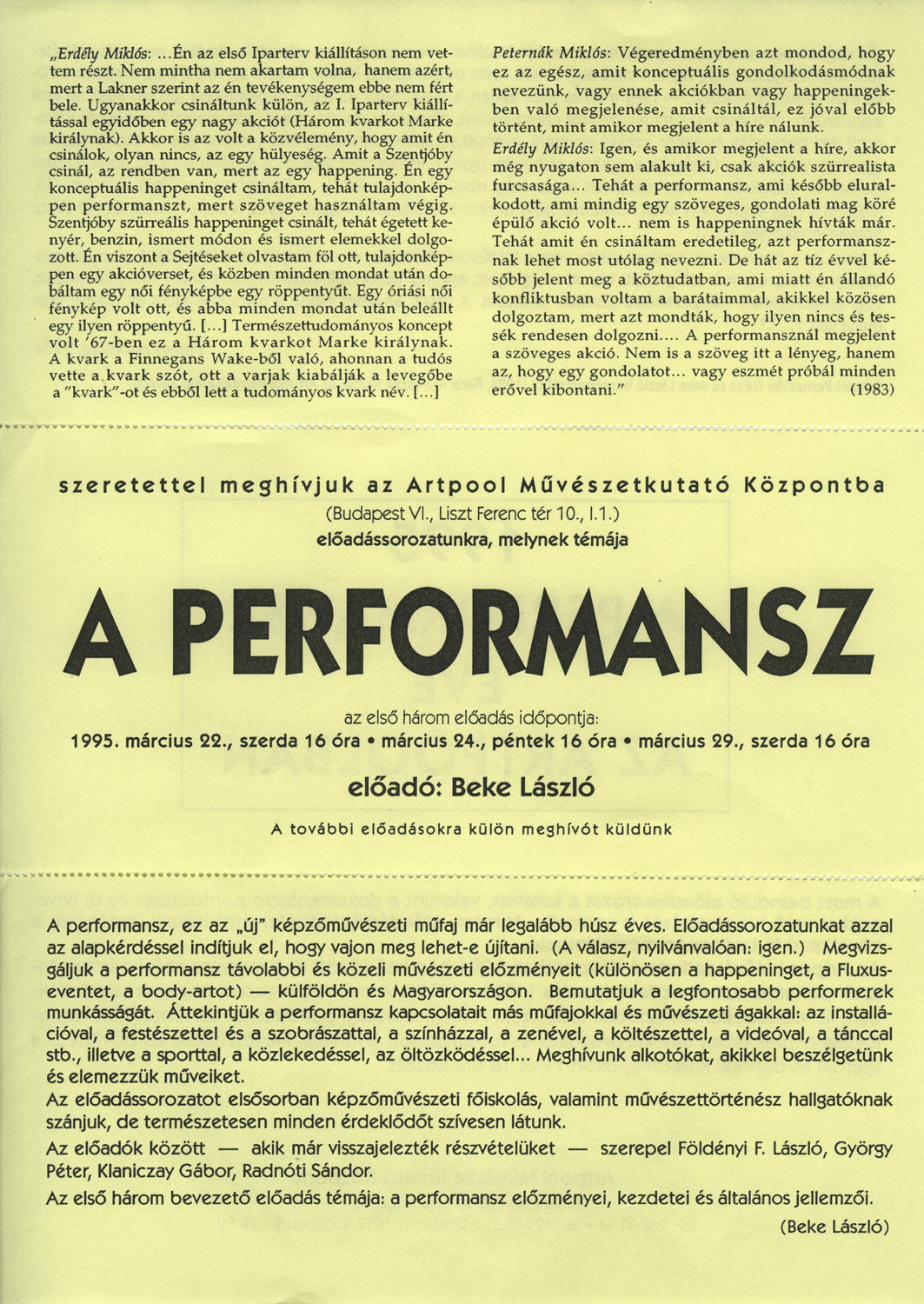 Poster/invitation announcing the Year of Performance at Artpool and inviting to the first lecture by László Beke, Artpool Art Research Center, Budapest, 1995 (first and second page)
