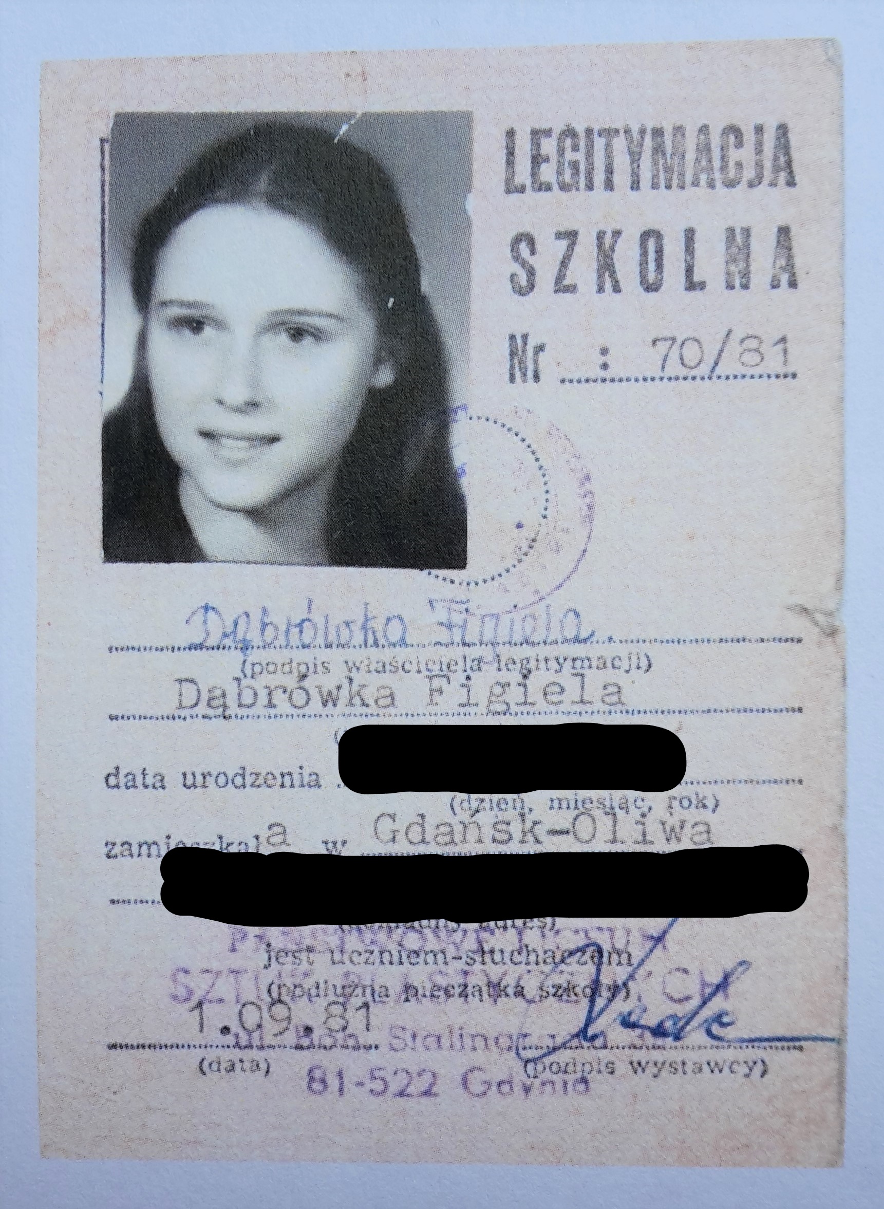 Dąbrówka Figiela-Miadziółko's student ID from the time she created the underground postage stamps during the Gdansk Strikes of August 1980.