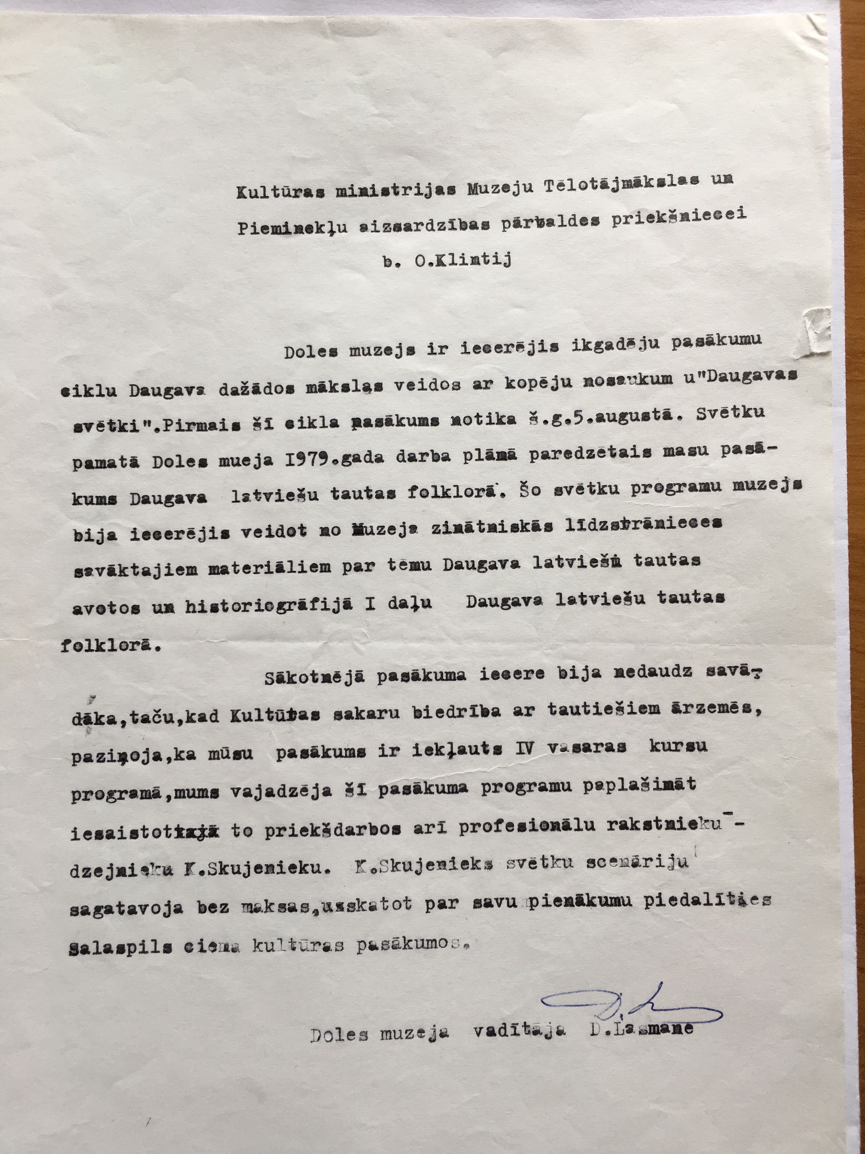 Explanation letter of director of the Dole History Museum Daina Lasmane to the official of the Latvian SSR Ministry of Culture about the First River Daugava Festivity in 1979