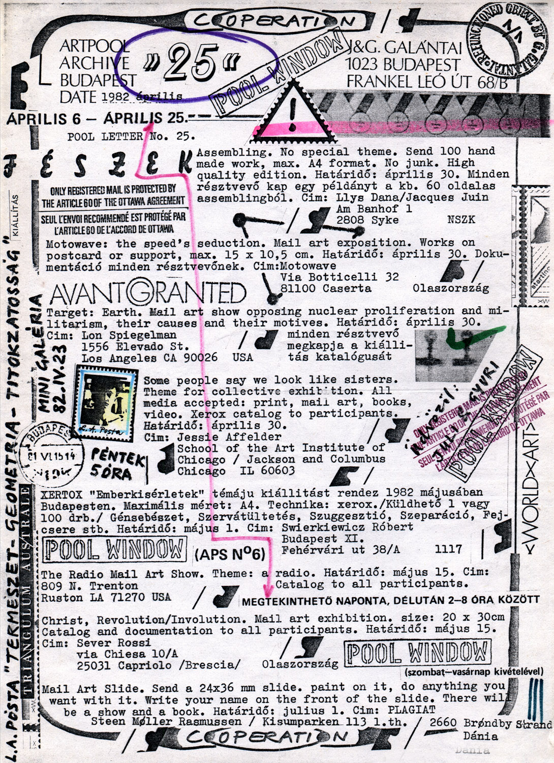 POOLWINDOW No. 25., April 1982, mail art newsletter, Artpool, Budapest, A4, photocopy, rubber stamp