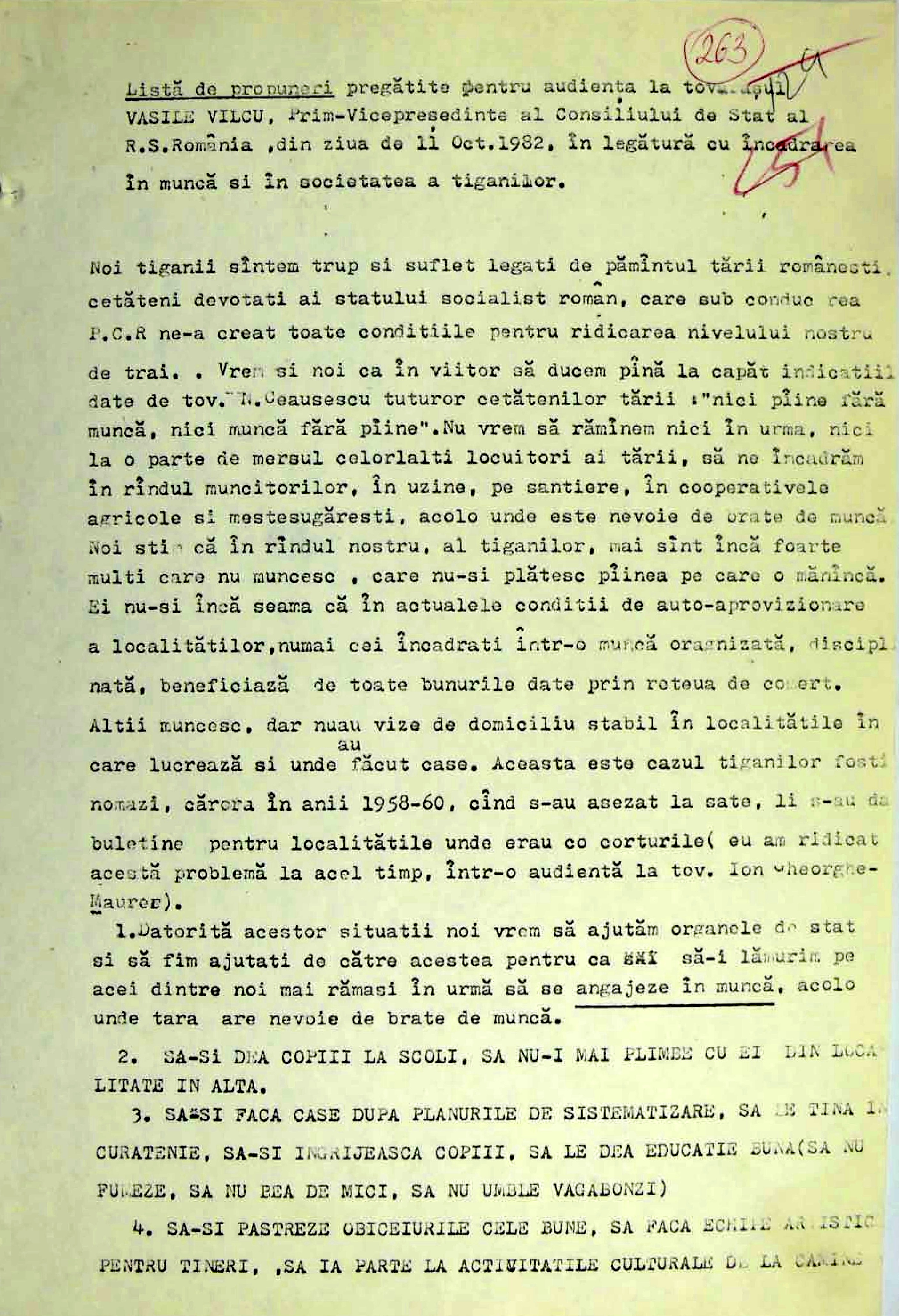 Memoriul lui Ion Cioabă și al lui Nicolae Gheorghe către Vasile Vâlcu, prim-vicepreședinte al Consiliului de Stat al RSR, 11 octombrie 1982