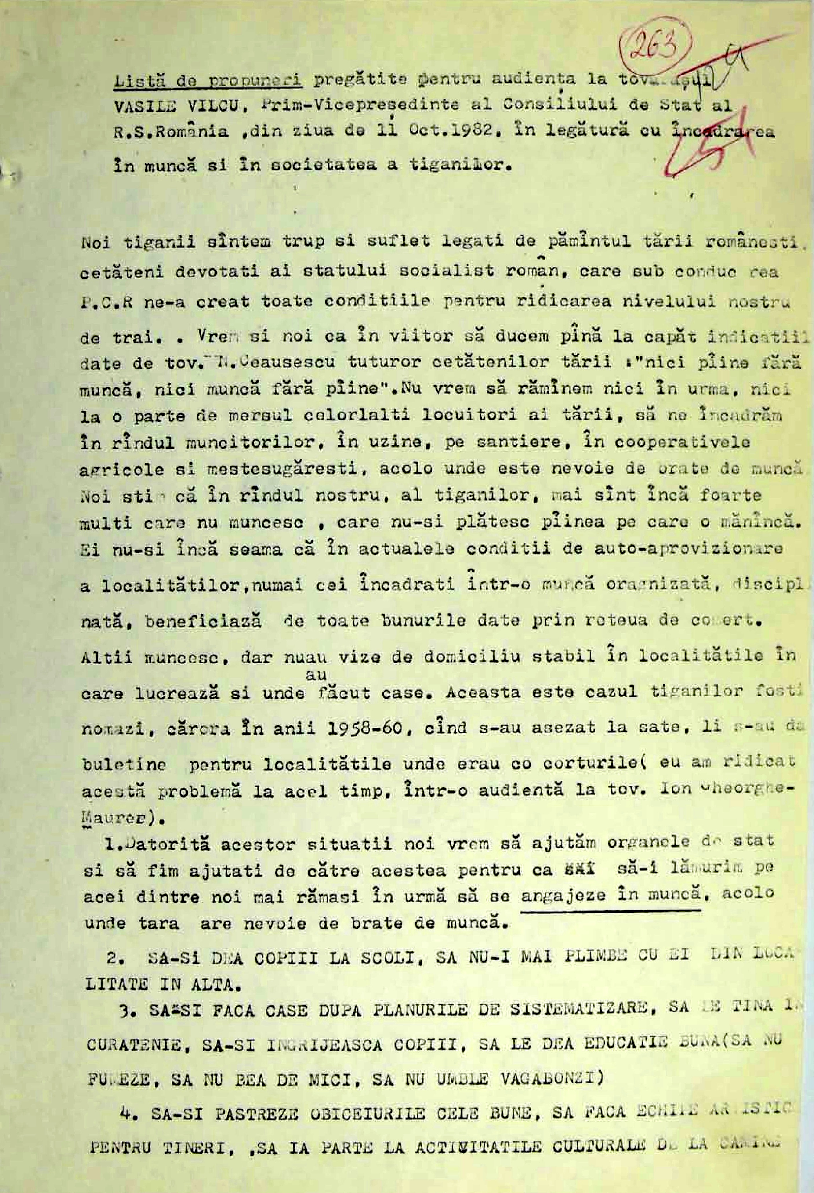Memorandum of Ion Cioabă and Nicolae Gheorghe to Vasile Vâlcu, prime-vice-president of the State Council of the Socialist Republic of Romania, 11 October 1982, Bucharest