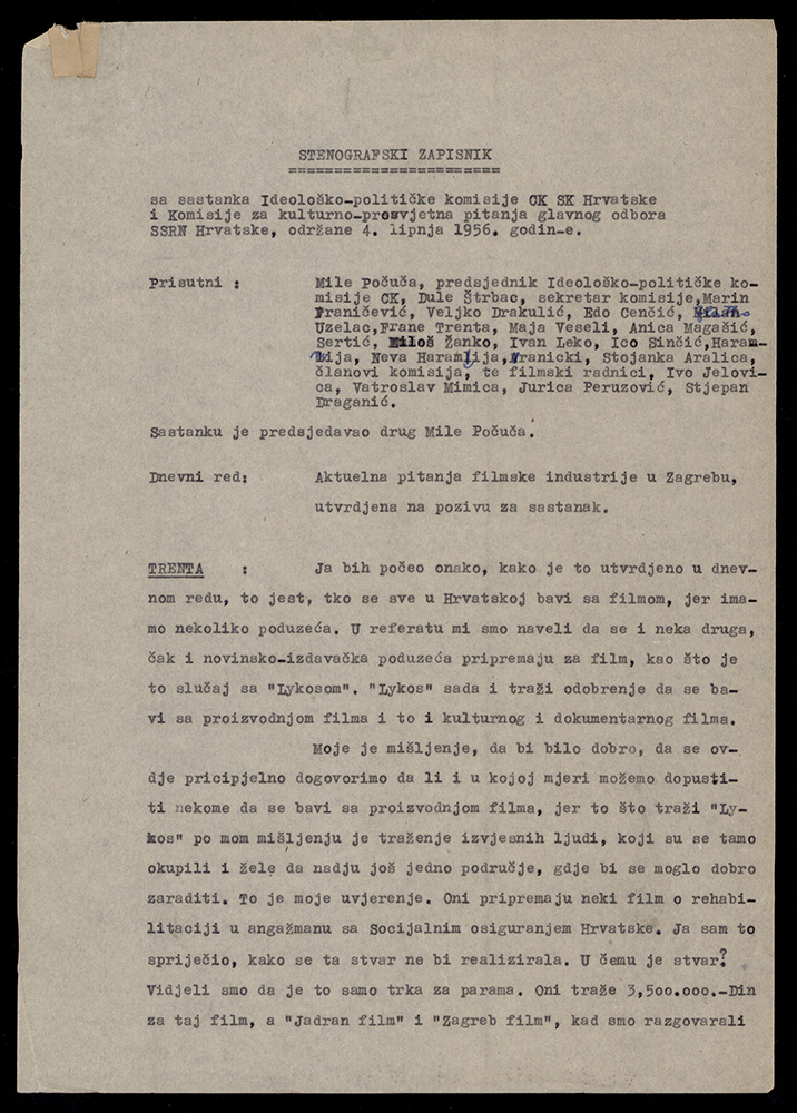 Stenografski zapisnik sa sastanka Ideološke komisije CK SKH i Komisije za kulturno-prosvjetna pitanja GO SSRNH, 4. lipnja 1956. 