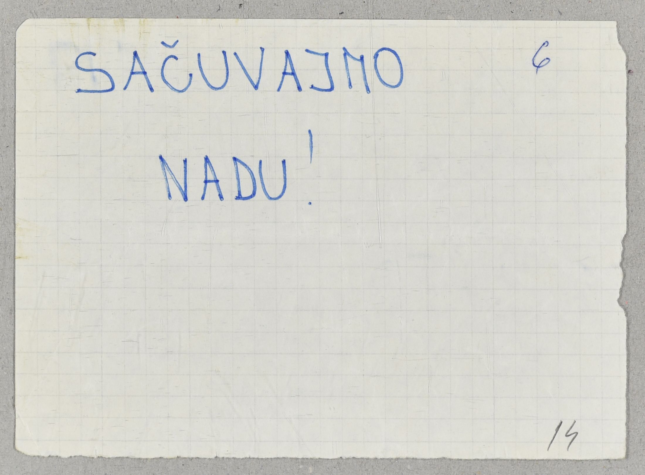 Rukom pisani letak s porukom „Sačuvajmo nadu“. Prema službenoj bilješci u dokumentaciji o Akciji „Tuškanac“, letci tog sadržaja dijeljeni su na glavnom zagrebačkom trgu 12. prosinca 1971. godine. Dijelili su ih studenti u znak podrške hrvatskom, reformistički i nacionalno orijentiranom političkom vodstvu koje je tog dana bilo formalno smijenjeno na sjednici Centralnoga komiteta Saveza komunista Hrvatske. (2018-05-29)