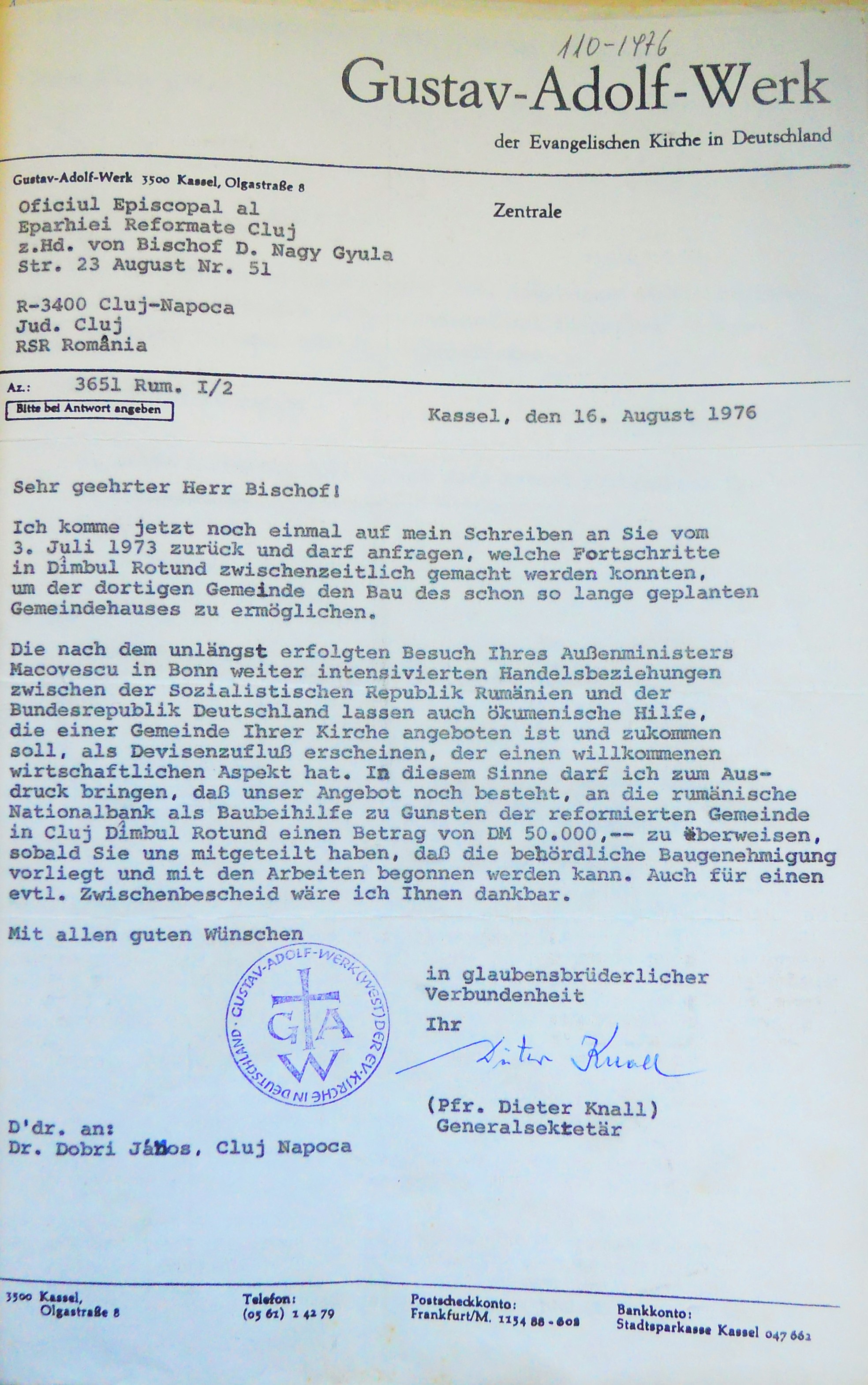 Letter concerning the Gustav Adolf Werk’s donation from Federal Republic of Germany (1976)