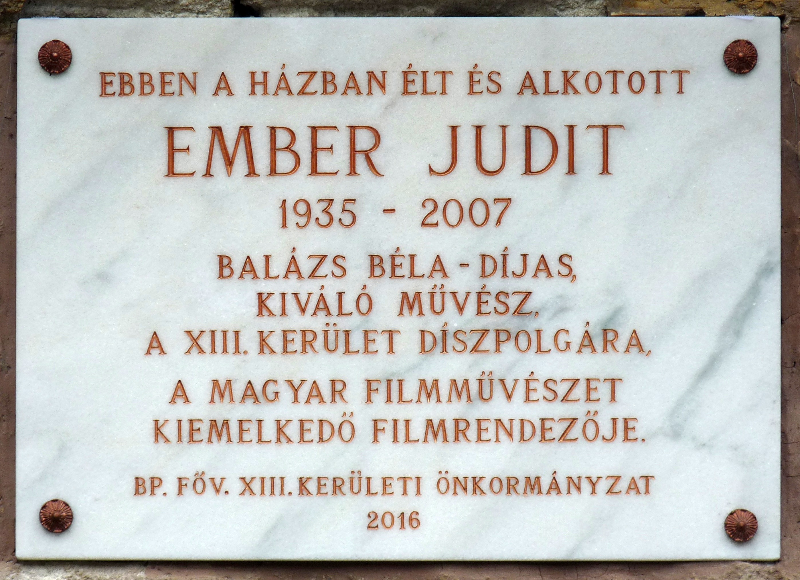 Memorial tablet for Judit Ember.