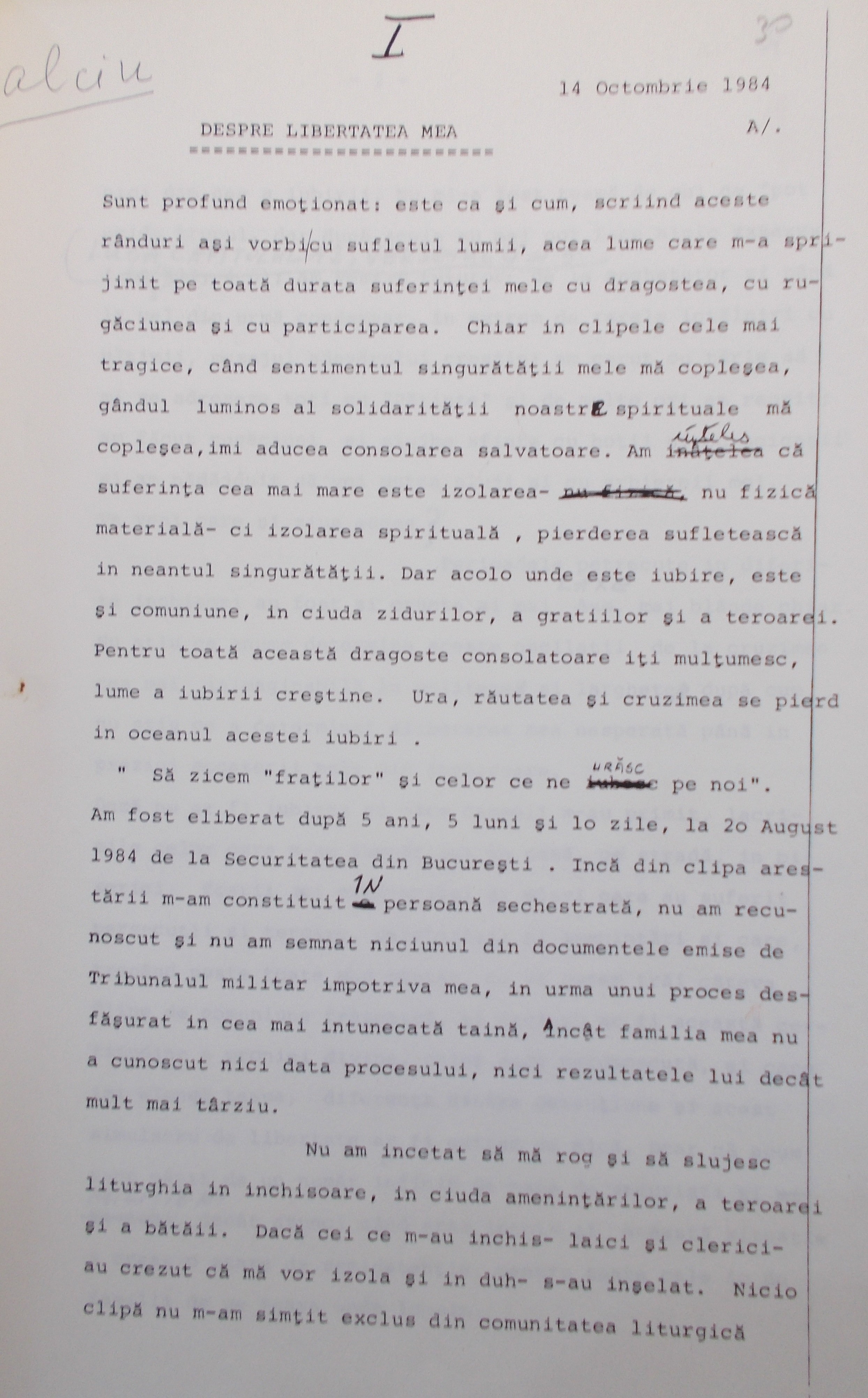 Prima filă a scrisorii trimise către Radio Europa Liberă de către Calciu-Dumitreasa în octombrie 1984