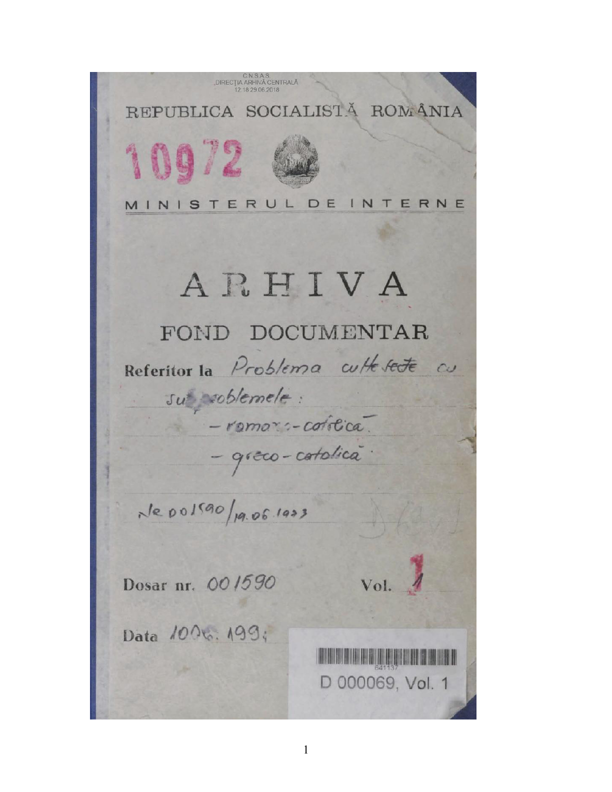 Front cover of one of the files of the Romanian Greek-Catholic Church Ad-hoc Collection