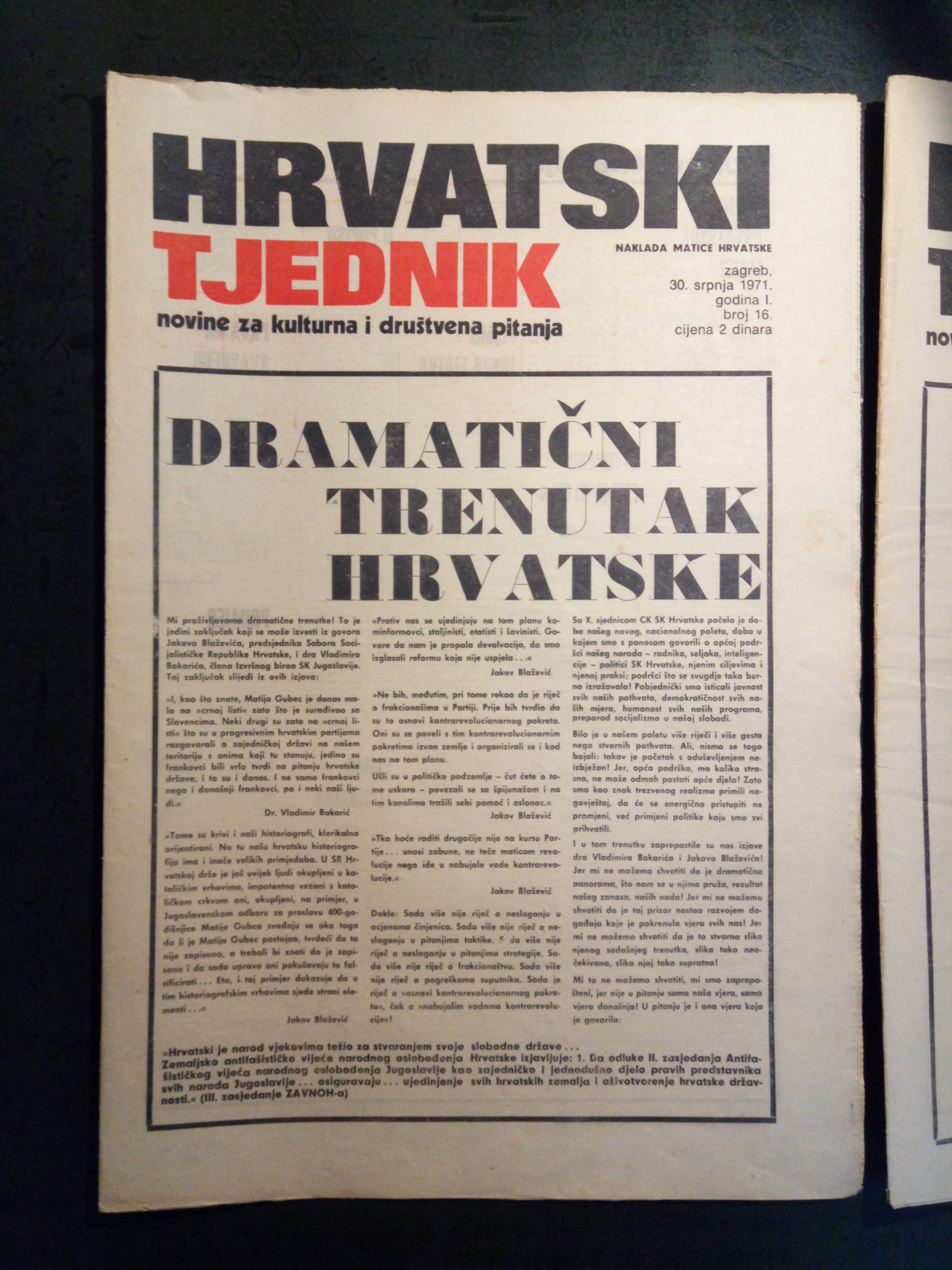 Naslovnica posljednjega objavljenog broja lista Hrvatski tjednik, 1971., Zbirka Matice hrvatske