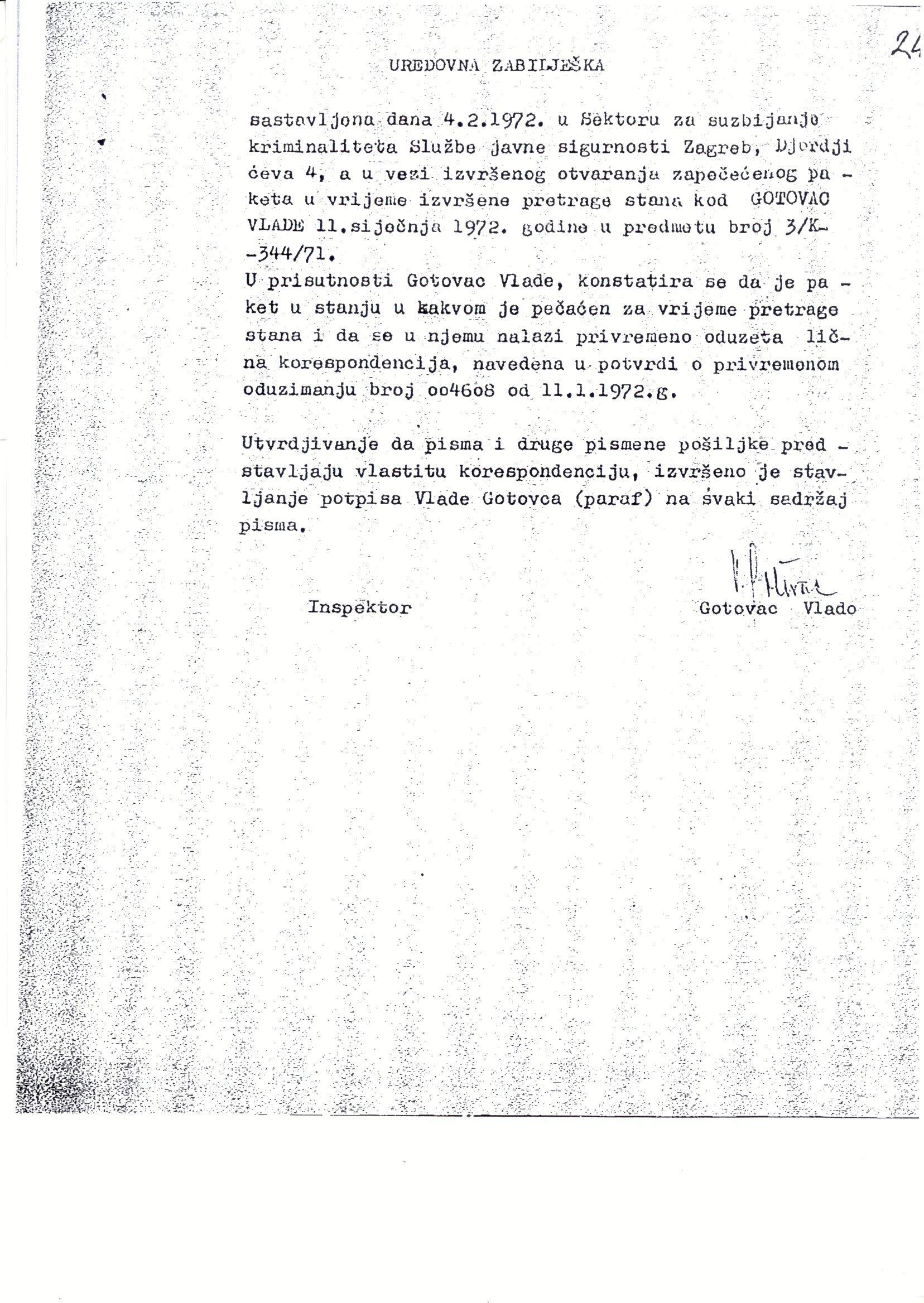 Službena bilješka iz dosjea Vlade Gotovca o osobnoj korespondenciji oduzetoj prilikom pretresa stana, 4. veljače 1972. Arhivski dokument.
