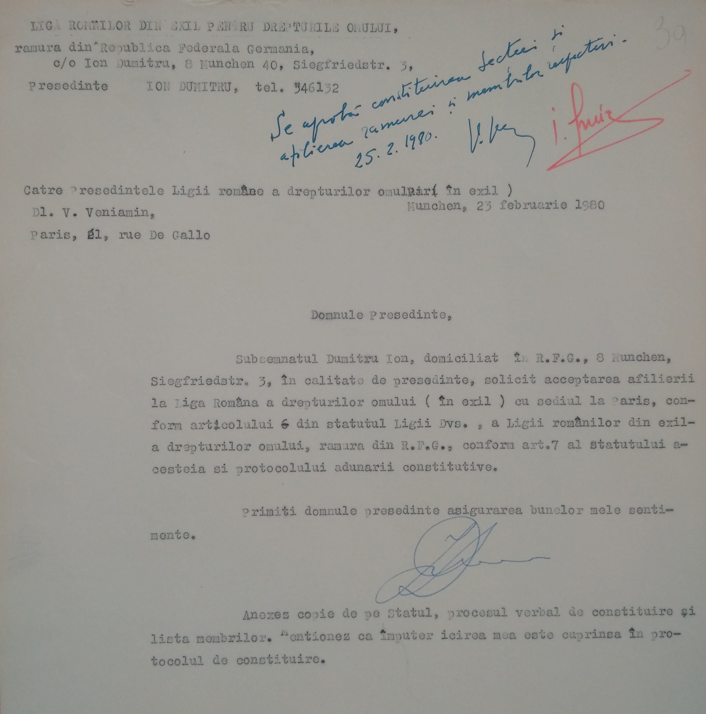 Scrisoare de la Ion Dumitru către Virgil Veniamin, 23 februarie 1980, München