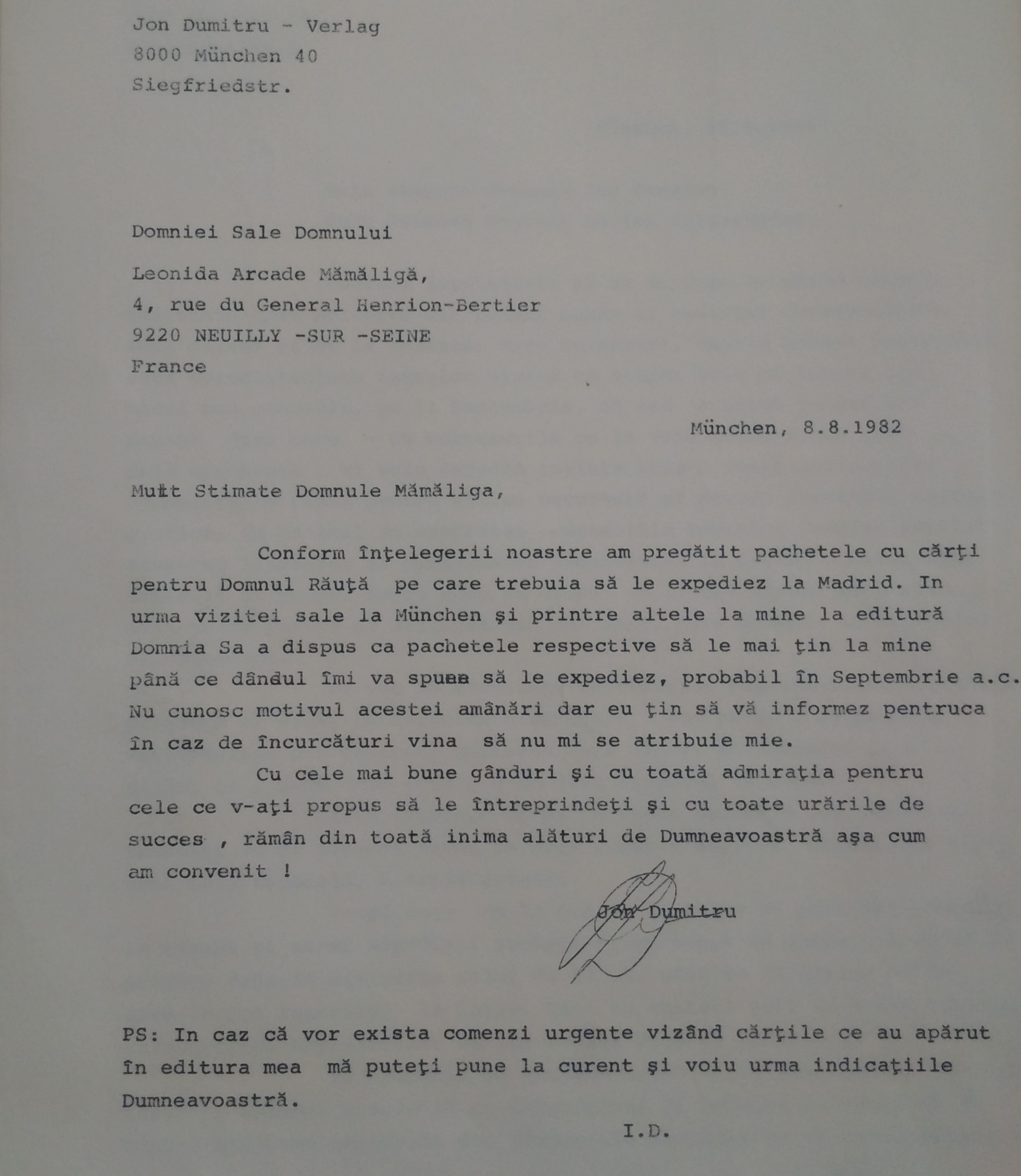 Letter from Ion Dumitru to Leonid Mămăligă, 8 August 1982, Munich