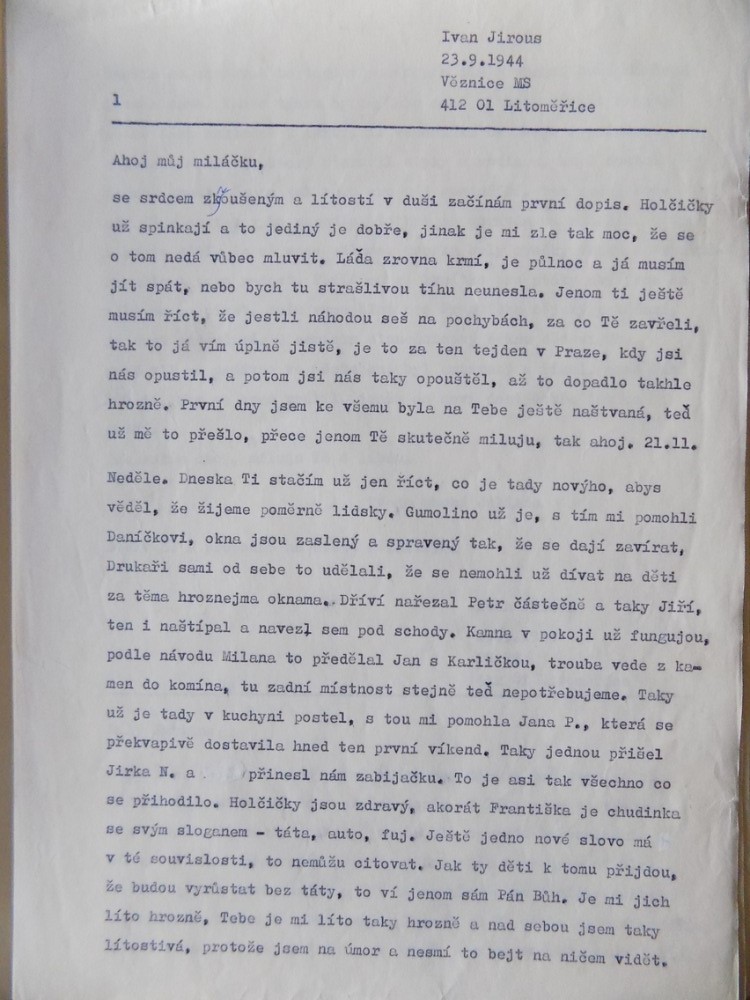 Letter of Juliana Jirousová to I. M. Jirous