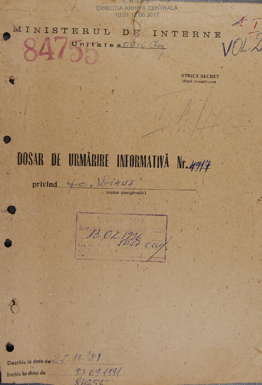 Front cover of the “informative surveillance file” opened by the Securitate on Doina Cornea in 1981