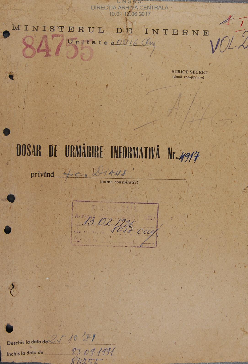 Coperta dosarului de urmărire informativă deschis de Securitate pe numele Doinei Cornea în 1981