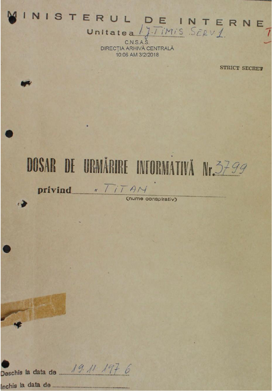 The front cover of the file created by the Securitate on Gerhard Ortinau