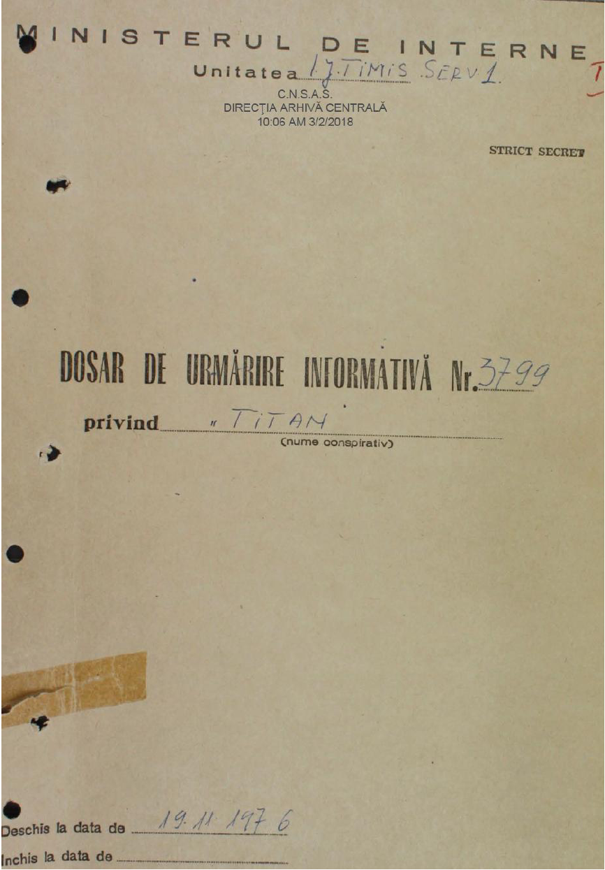 Coperta dosarului de urmărire informativă creat de Securitate pe numele lui Gerhard Ortinau