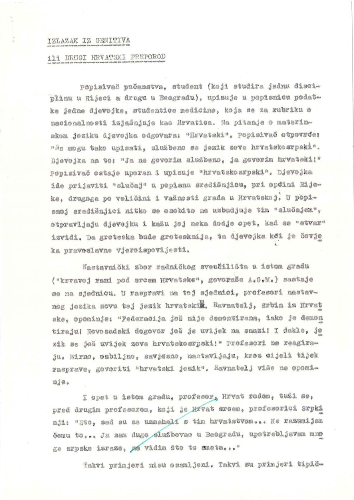 Manuscript of Smiljan Rendić's article 'Departure from the genitive or the second Croatian national revival' in 1971