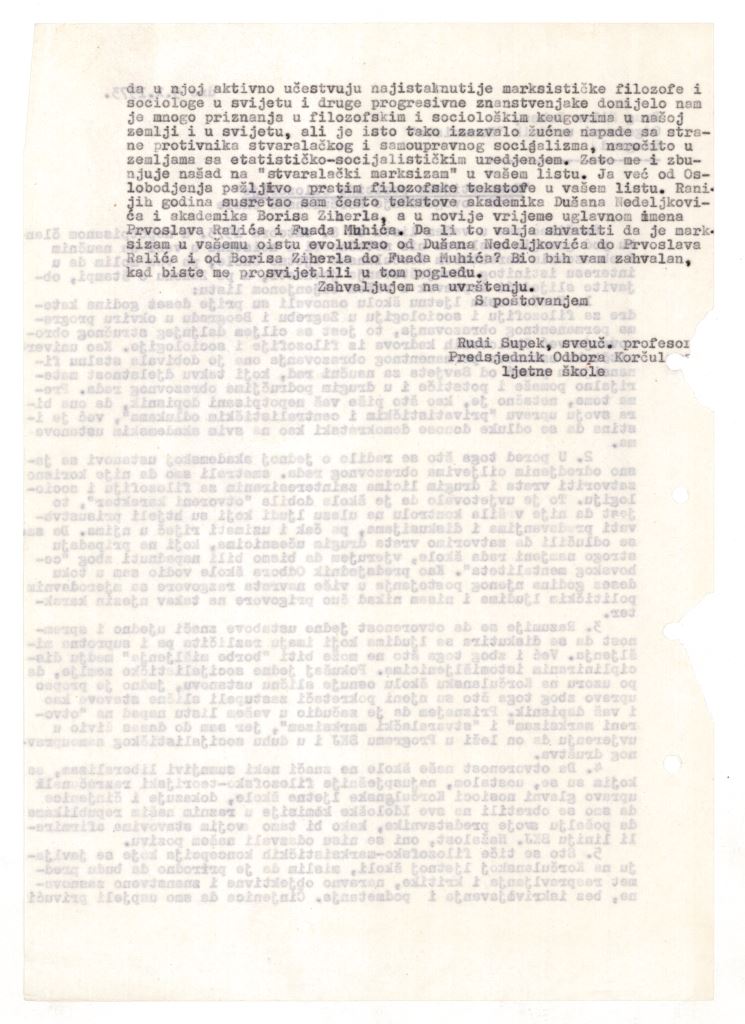 Prva stranica pisma Rudija Supeka odgovornom uredniku lista Komunist Milanu Rakasu, 9. 10. 1973.