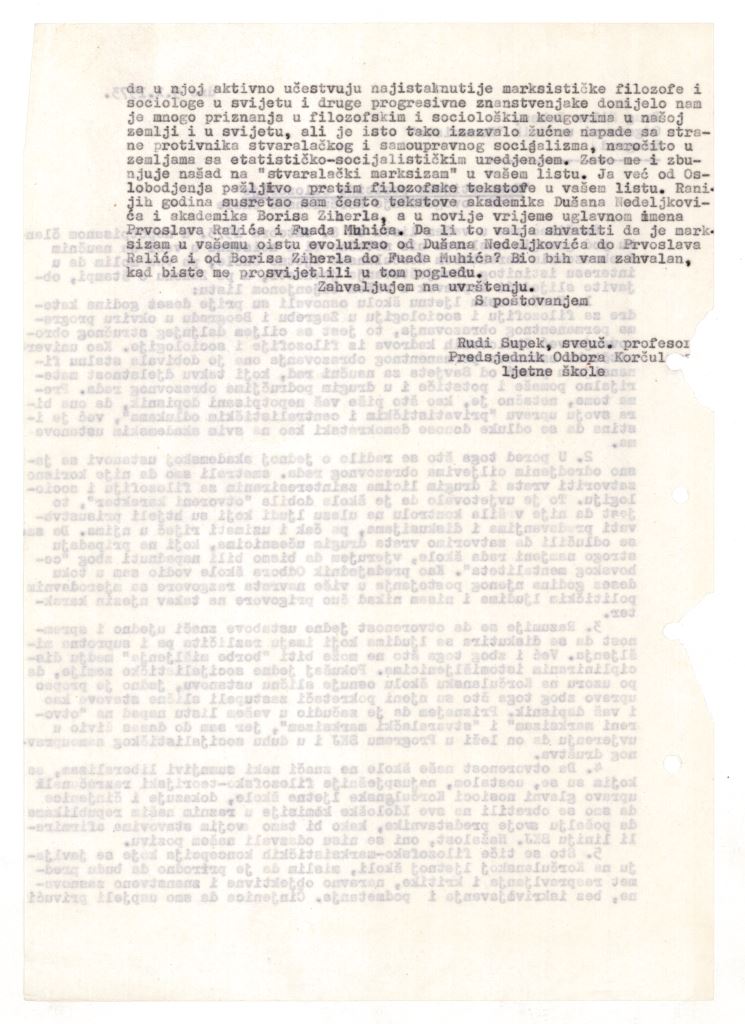 The first page of the letter from Rudi Supek to Komunist journal editor-in-chief Milan Rakas, 9 October 1973.