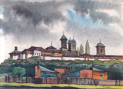 Reproducere a acuarelei “Mănăstirea Văcăreşti înainte de furtună”, pictată de Gheorghe Leahu în 1976