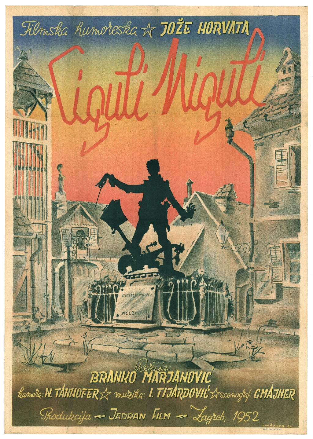 Poster for the movie Ciguli miguli from 1952, the first banned film in socialist Croatia. The film, directed by Branko Marjanović and written by Joža Horvat, was meant to be the first satirical production in post-World War II Yugoslav cinema. It criticised Soviet-type bureaucracies. It was not granted a permit for public screening until 30 April 1977. It was broadcast for the first time on national television in 1989.