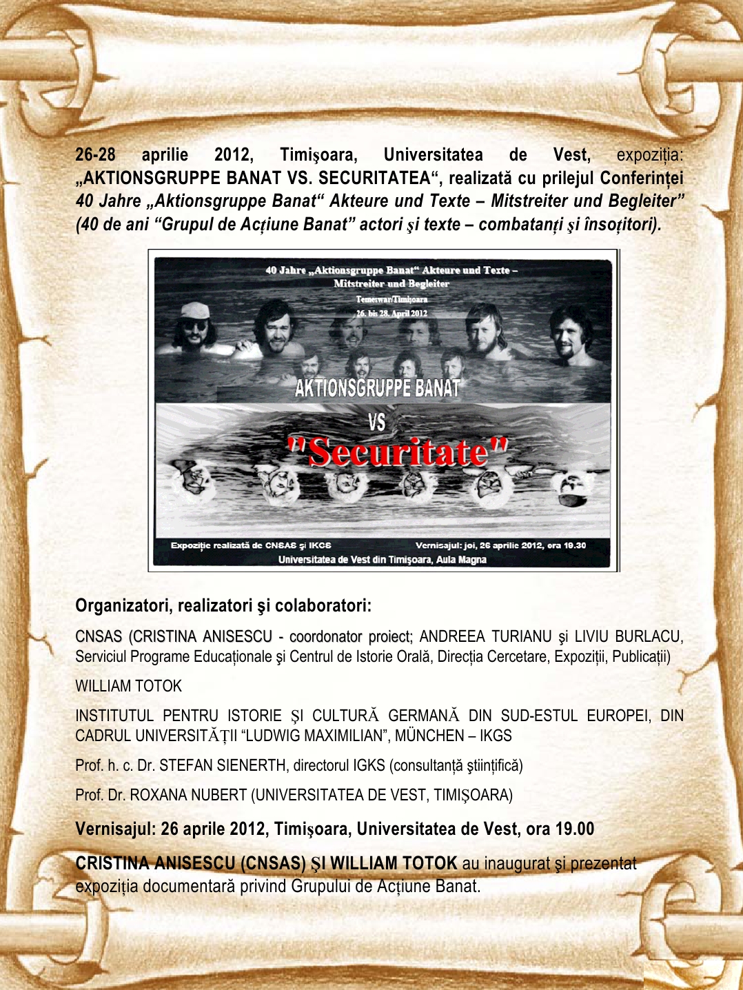 Afiş al expoziției: Aktionsgruppe Banat versus Securitatea, Timișoara, 26–28 April 2012
