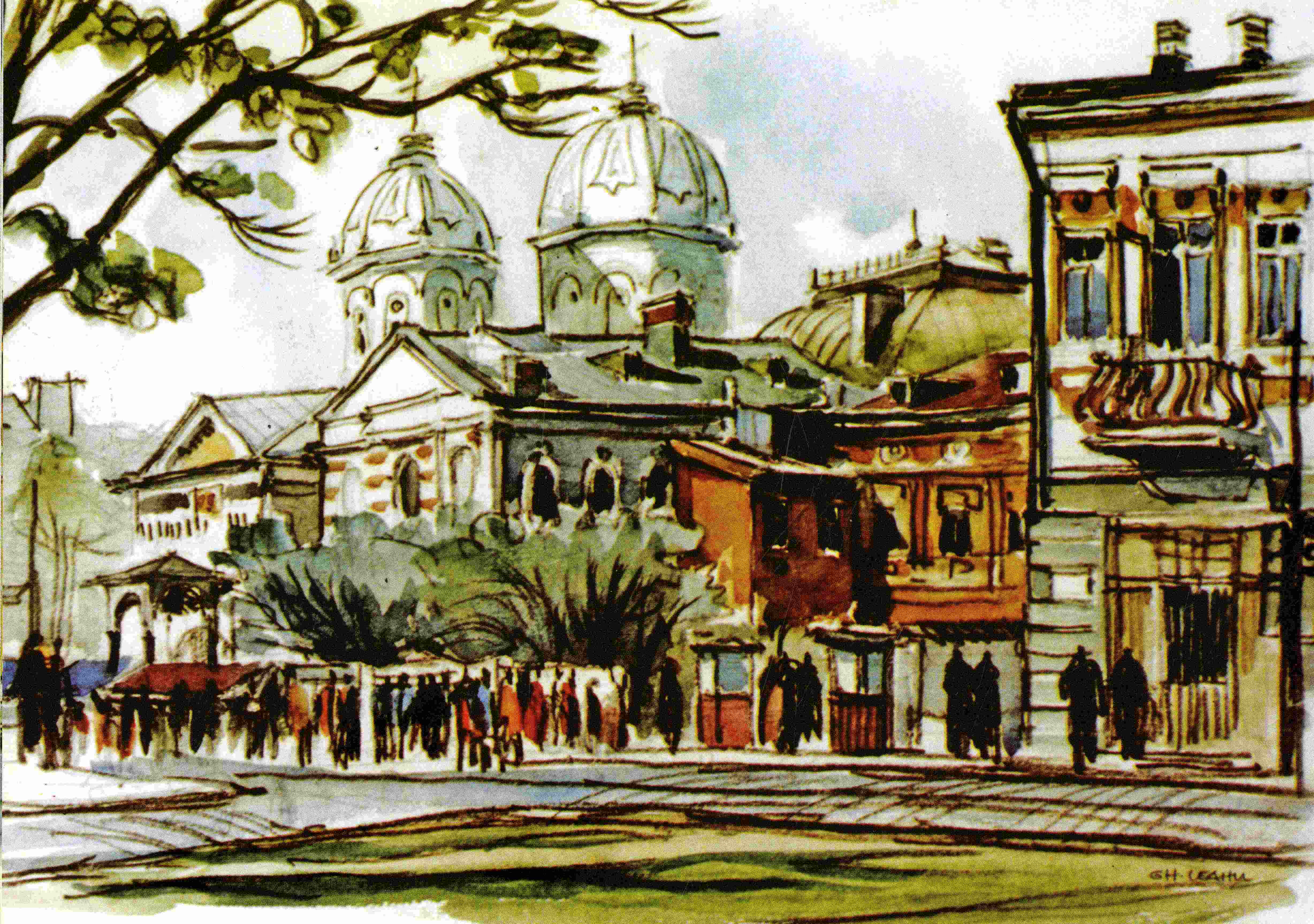 Reproduction after an watercolour painted by Gheorghe Leahu which represents Sfânta Vineri (Saint Friday) Church demolished in 1986