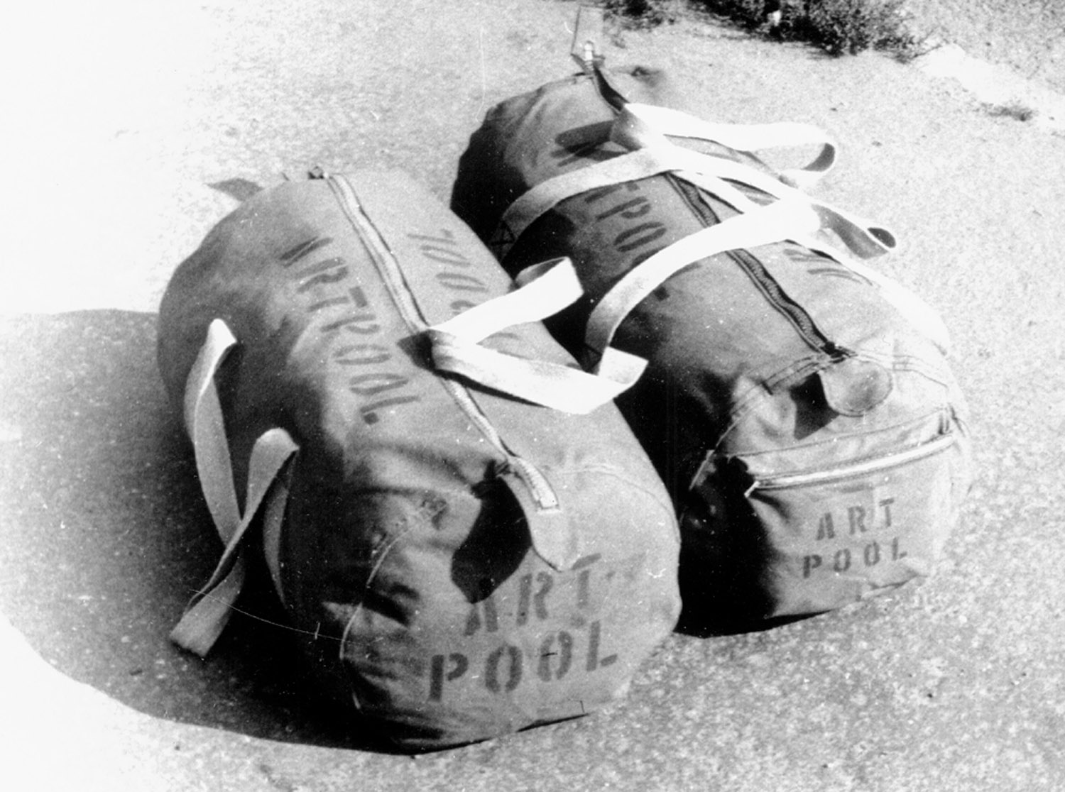 Self made bags with ARTPOOL logo for the Artpool Art Tours, 1979