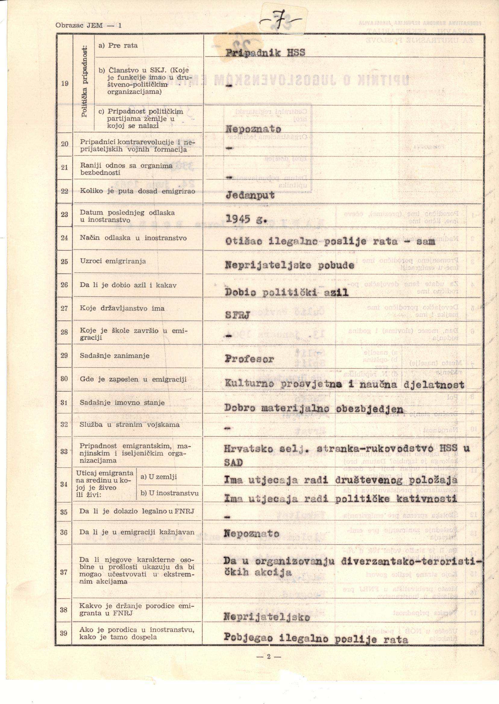 Questionnaire on the Yugoslav emigrant in Bogdan Radica's intelligence file. 24 June 1963. Archival document.