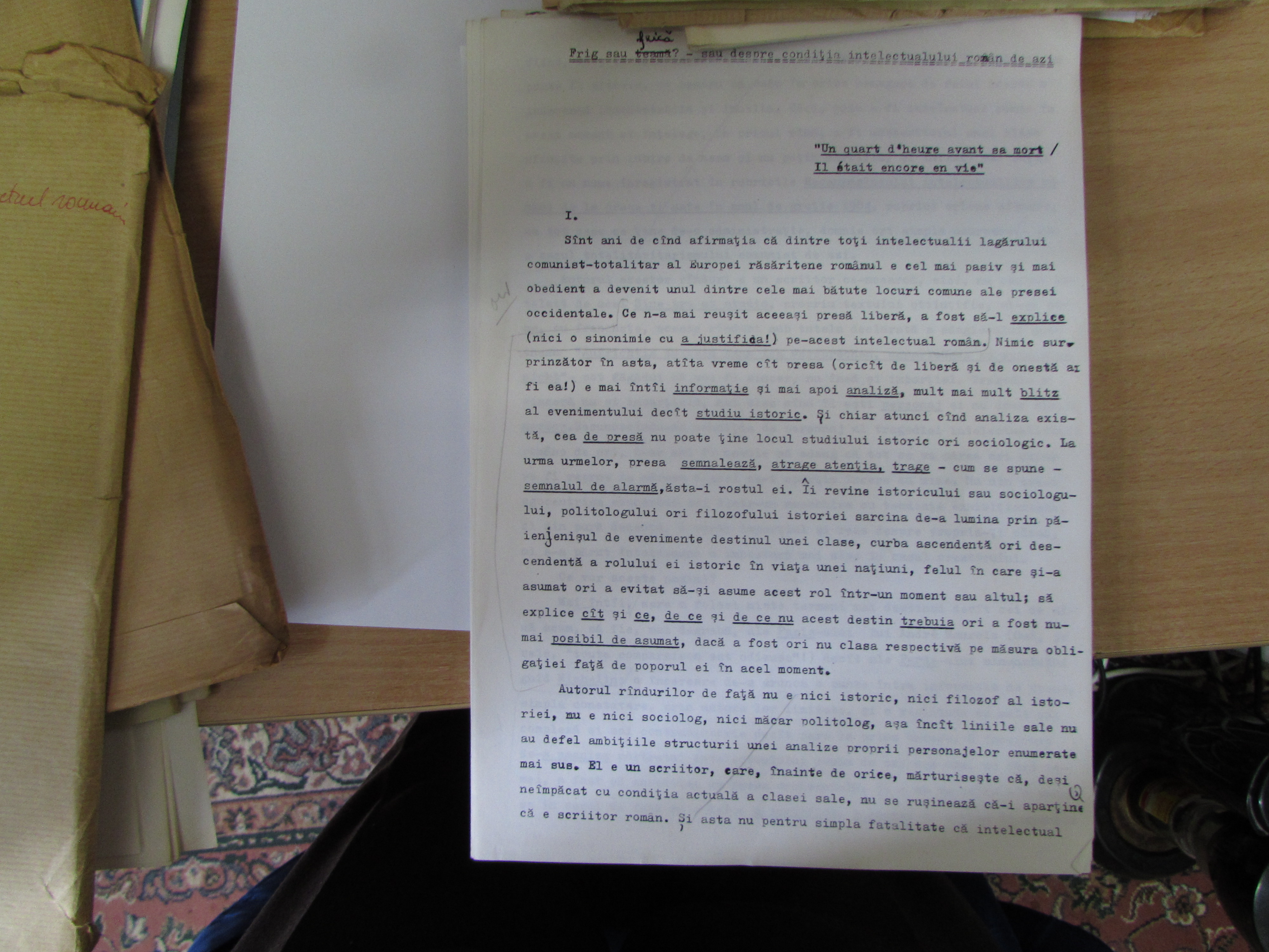 Prima pagină a eseului lui Dorin Tudoran Frig sau frică? Sau despre condiția intelectualului român de azi. 1984. 