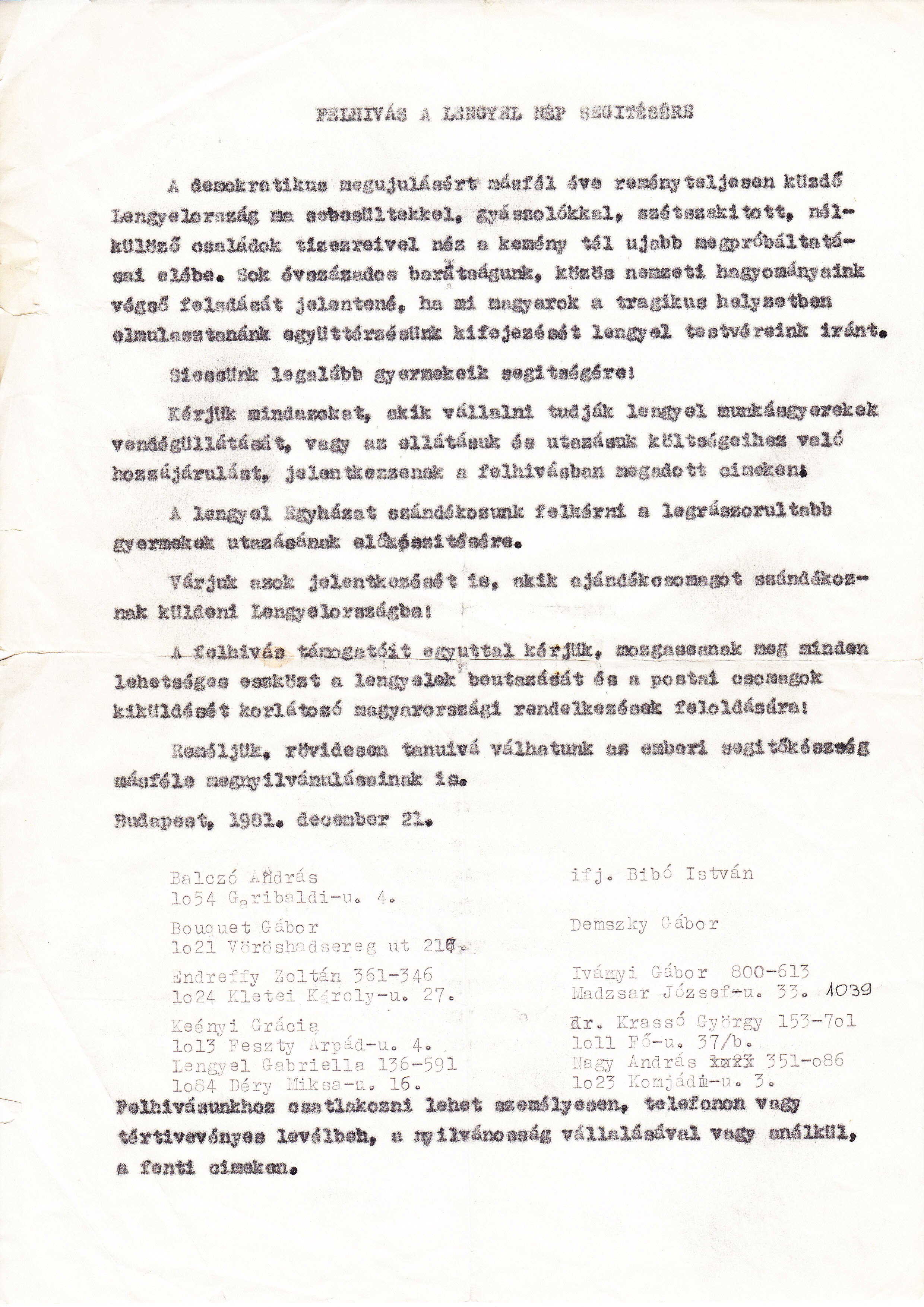 SZETA's call for supporting the poor, Hungary 1980.