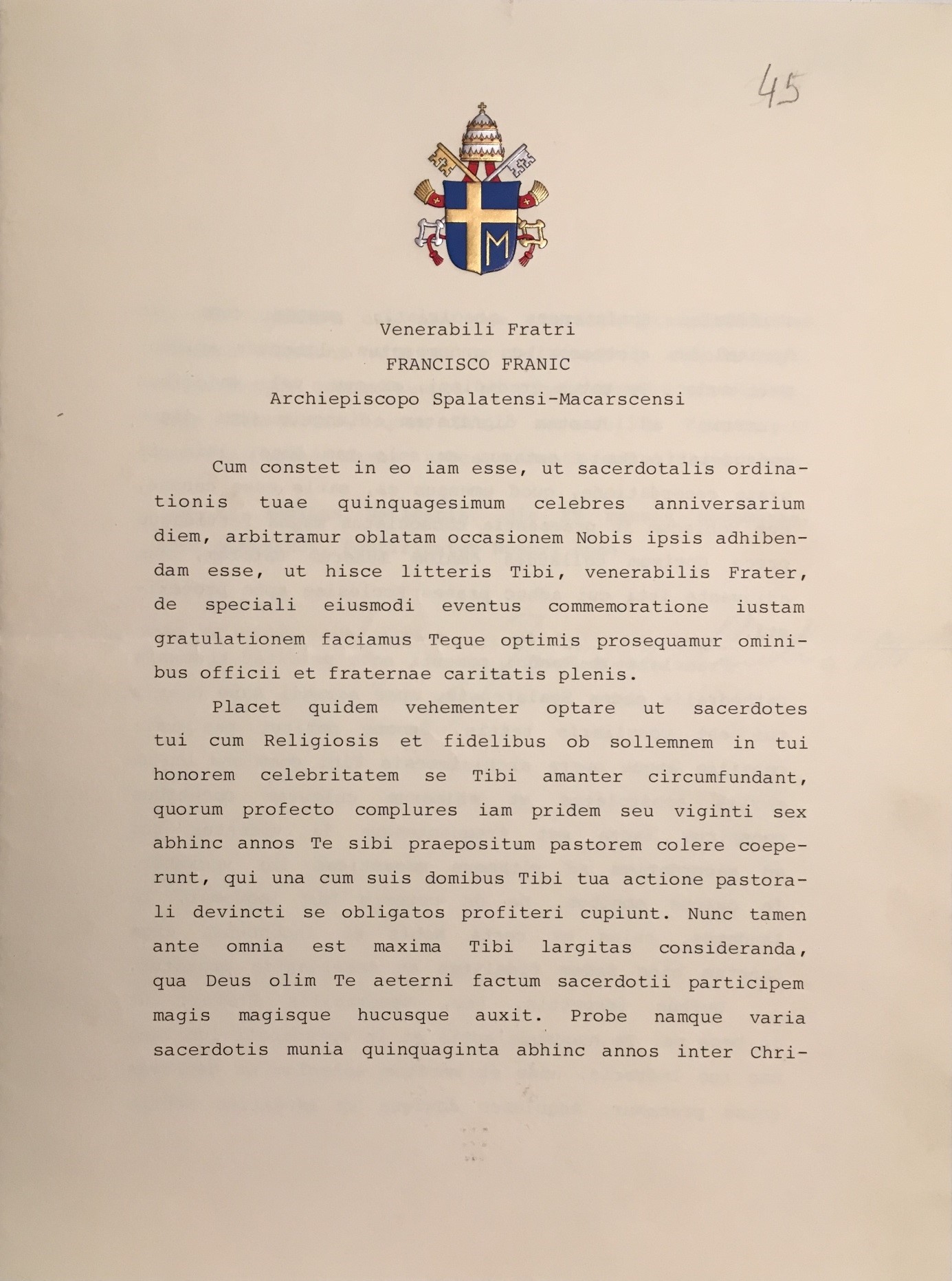 Pismo pape Ivana Pavla II. od 15. studenoga 1986. u povodu 50. godišnjice Franićeva ređenja