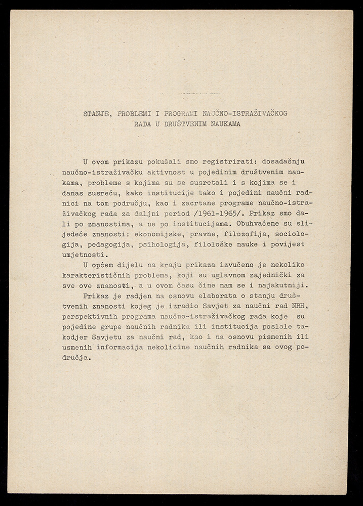 Elaborat Stanje, problemi i programi naučno-istraživačkog rada u društvenim naukama, 1960. 