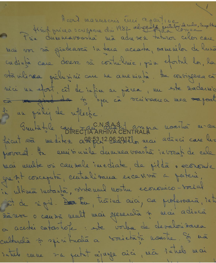 Prima pagină a primei scrisori deschise trimise de Doina Cornea către Radio Europa Liberă şi difuzată de acest post de radio în 1982