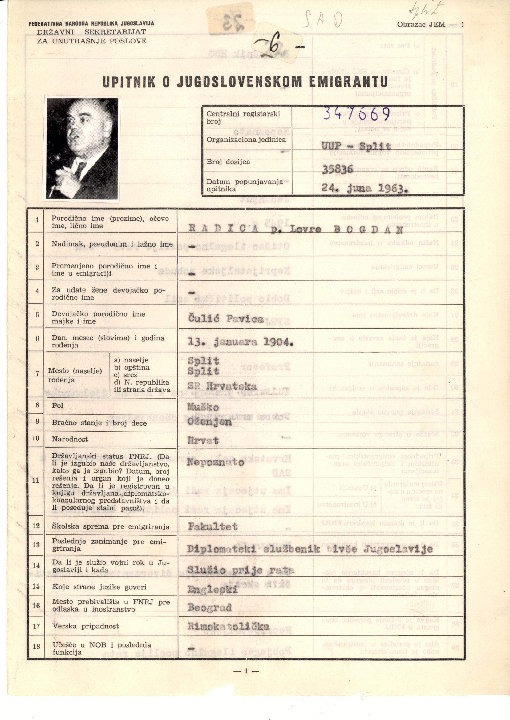 Questionnaire on the Yugoslav emigrant in Bogdan Radica's intelligence file. 24 June 1963. Archival document.