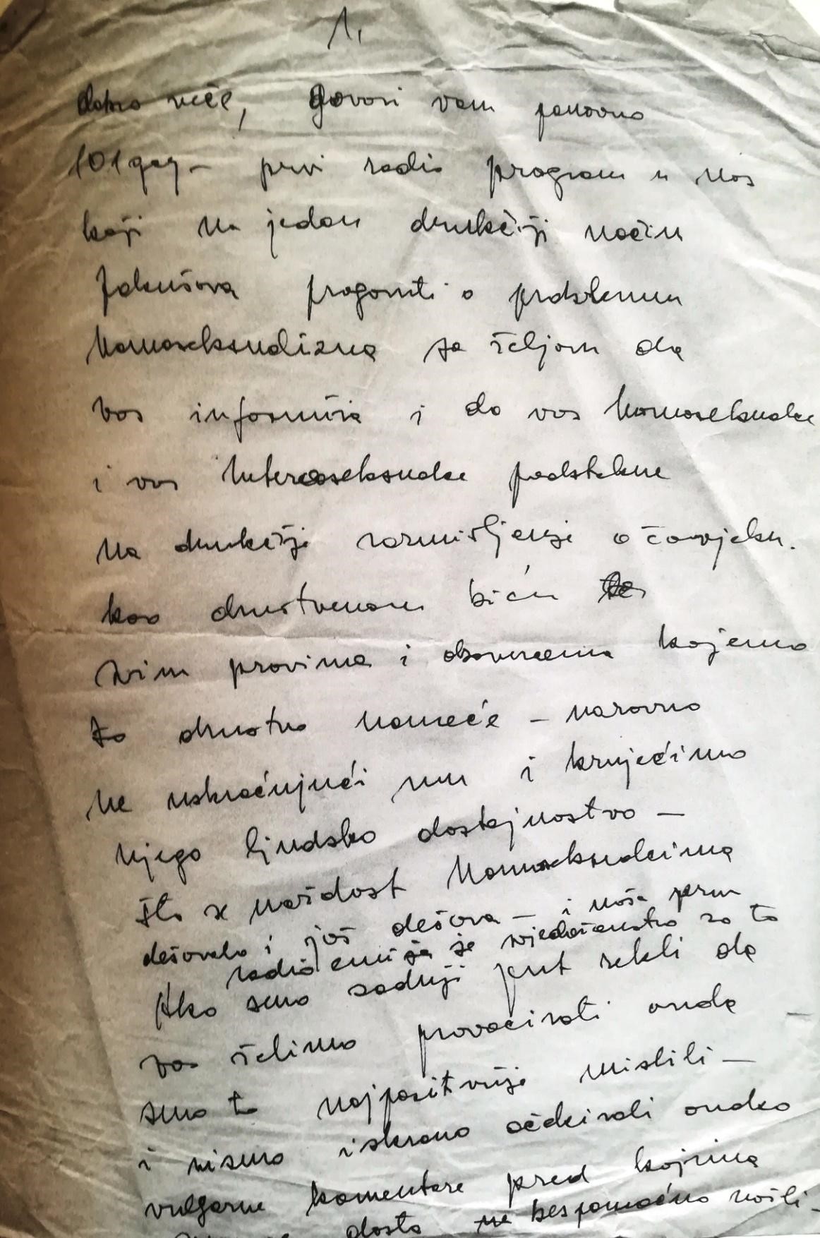 Rukopis najave Frigidne utičnice, prve radijske emisije posvećene homoseksualnosti u socijalističkoj Jugoslaviji. (Toni Marošević, Zagreb, svibanj 1984.)