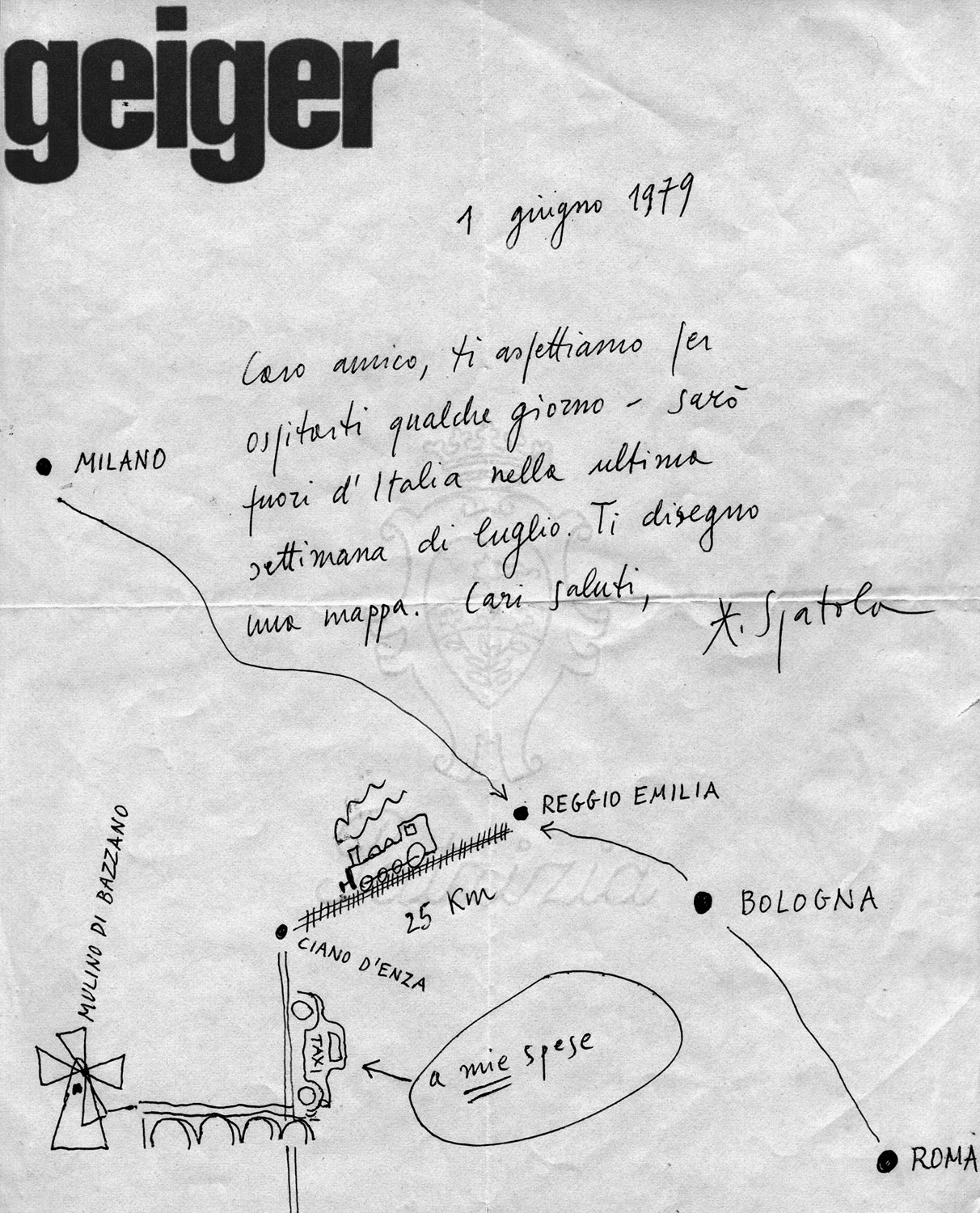 Invitation letter with map from the Italian visual and sound poet  Adriano Spatola to György Galántai and Júlia Klaniczay, 1979